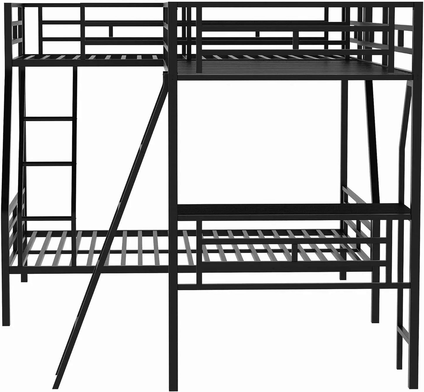 L-Shaped Metal Corner Bunk Bed with Loft Built-in Shelves Twin Over Full Black No Box Spring Needed 117"L x 77.9"W x 57.7"H