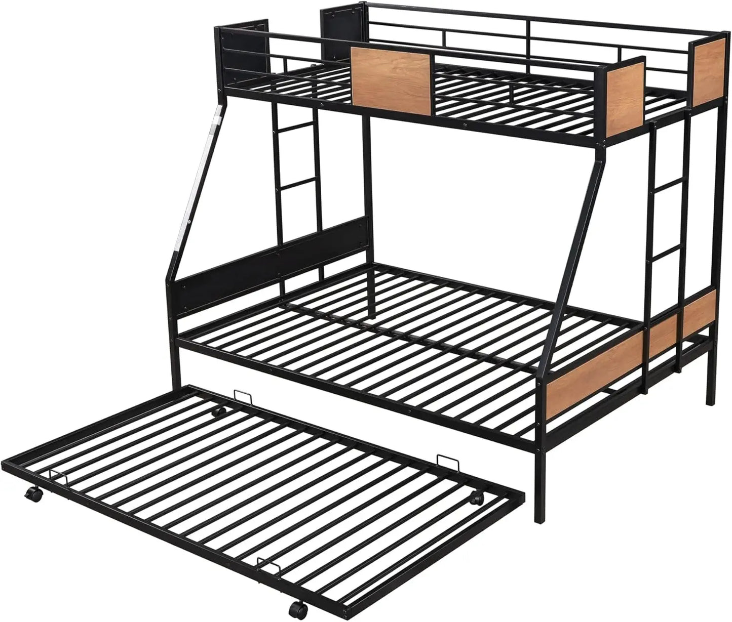 Twin Over Full Bunk Beds with Trundle Bed,Heavy Duty Metal Bed Frame with Safety Rail 2 Side Ladders for Boys Girls Adults