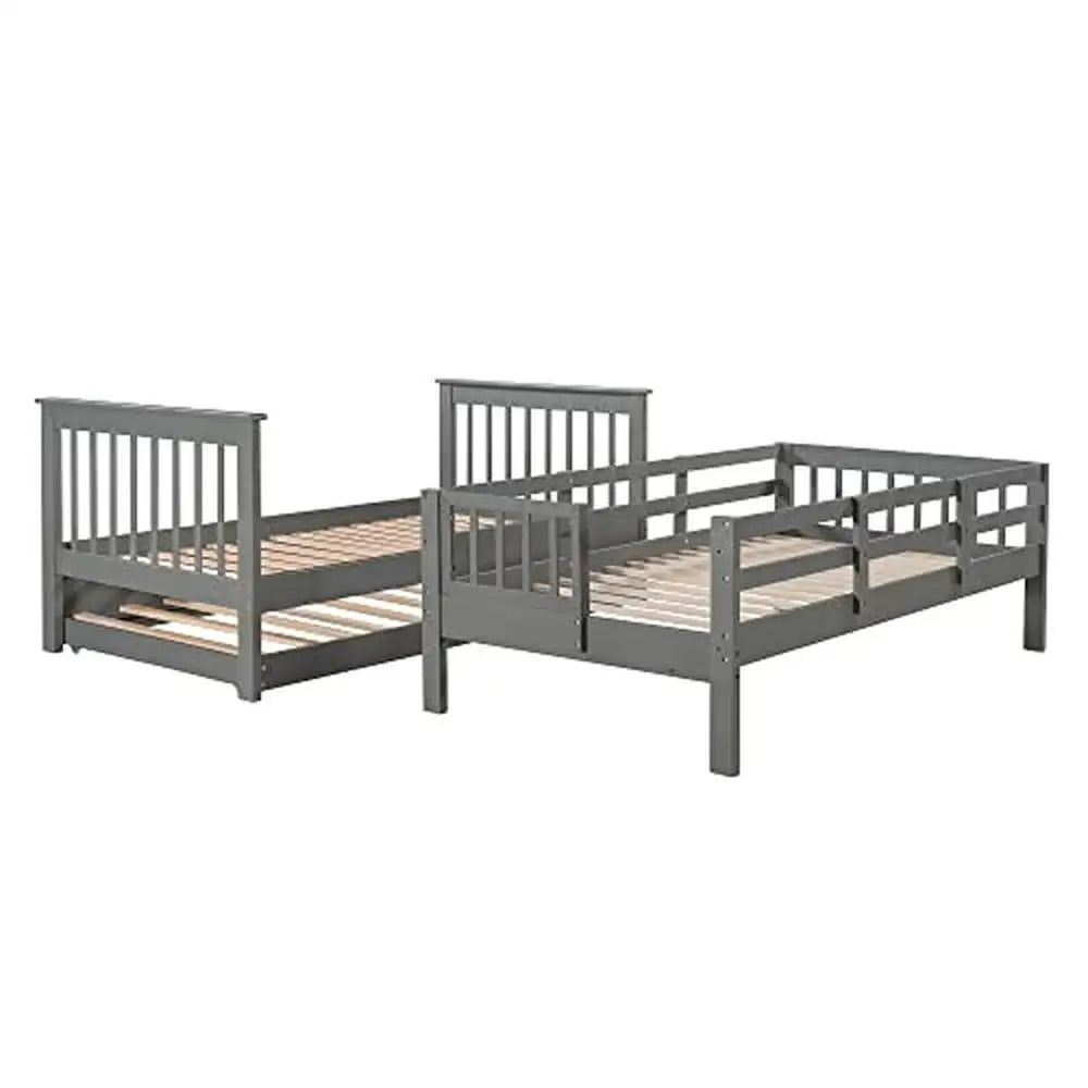 Solid Wood Twin Bunk Bed with Stairs Trundle & Storage Durable Frame Kids Teens Adults Gray Modern Country Style Twin over Twin