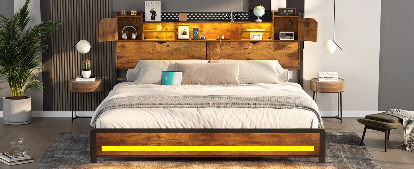 King Size Bed Frame, LED Bed Frame with USB Charging Station, Metal Platform Bed Frame King with Hidden Storage Space