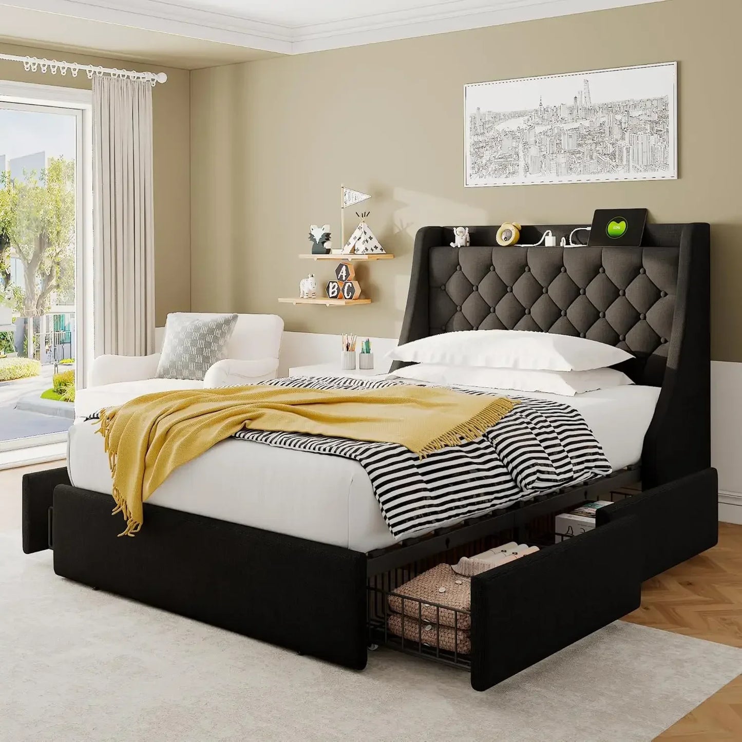 King Bed Frame with 4 Storage Drawers, USB Ports, Wingback Storage Headboard, Solid Wood Slats, No Box Spring Needed, Bed Frame