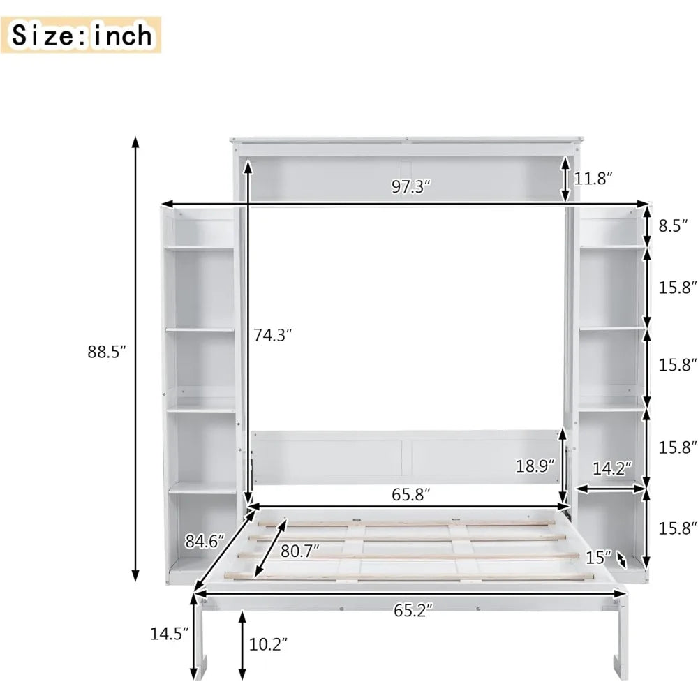 King size Murphy bed, wooden queen wall bed frame with shelves, queen size Murphy cabinet bed, suitable for home, office