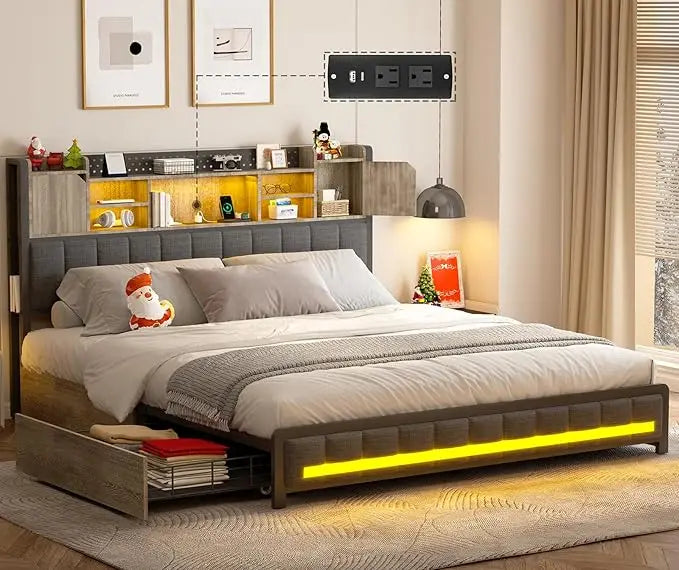 King Bed Frame and Bookcase Storage Headboard, LED Upholstered Bed Frame with Charging Station, Light Up Platform Bed Frame