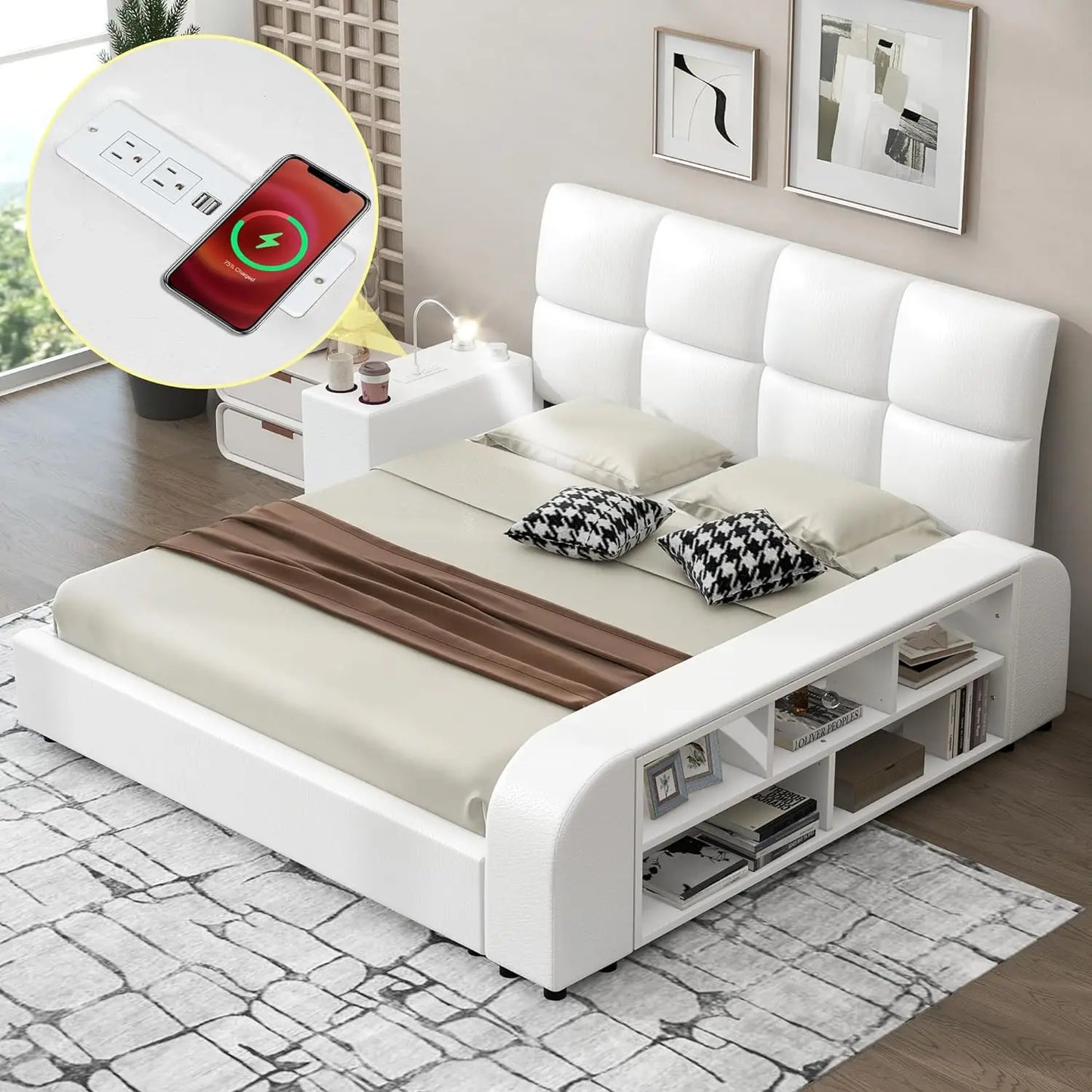 Queen Size Smart Bed Frame，Storage Shelves and Multimedia Nightstand,Upholstered Platform Bed with Headboard,Faux Leather，White