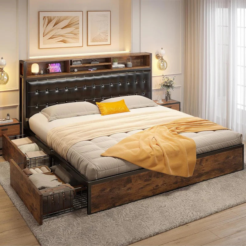 EnHomee 4 Drawers King and Headboard UpholsteredKing Size Bed Frame with Storage & amp