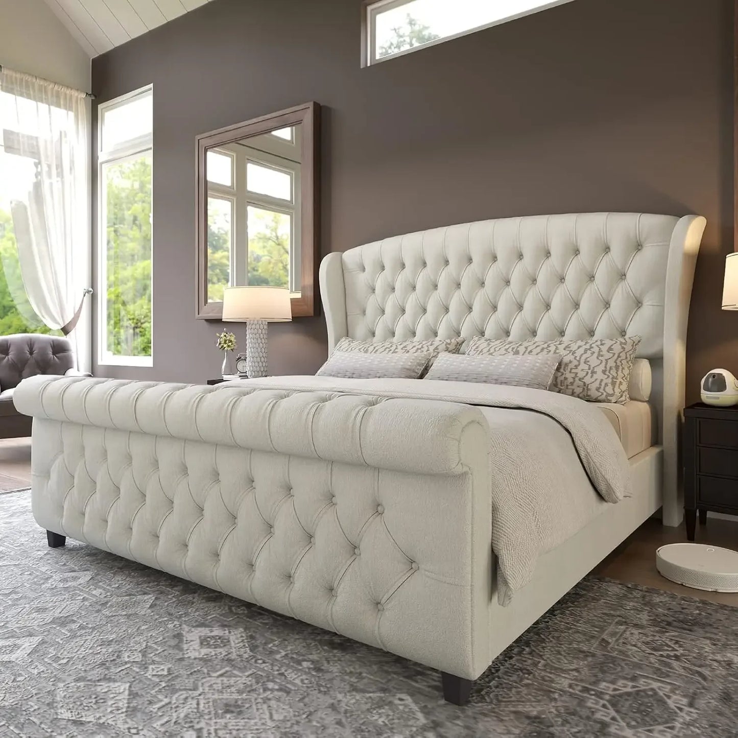 King Size Platform Bed Frame, Chenille Upholstered Sleigh Bed with Scroll Wingback Headboard & Footboard, Bed Frames