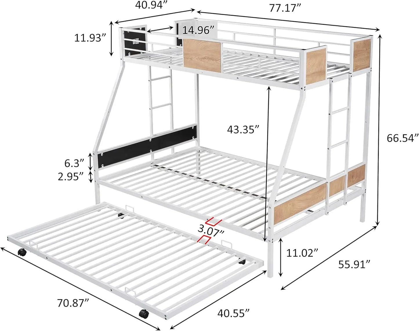 Over Full Bunk Beds with Trundle,Heavy Duty Metal Bed Frame with Safety Rail Side Ladders for Dormitory Bedroom Boys Girls Adult