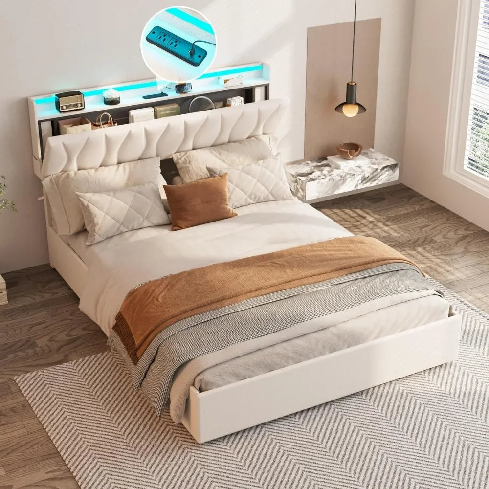 Queen Lift Up Storage Bed Frame with Adjustable Headboard, Charging Station, LED, Wood Slats, No Box Spring Needed, Bed Frame