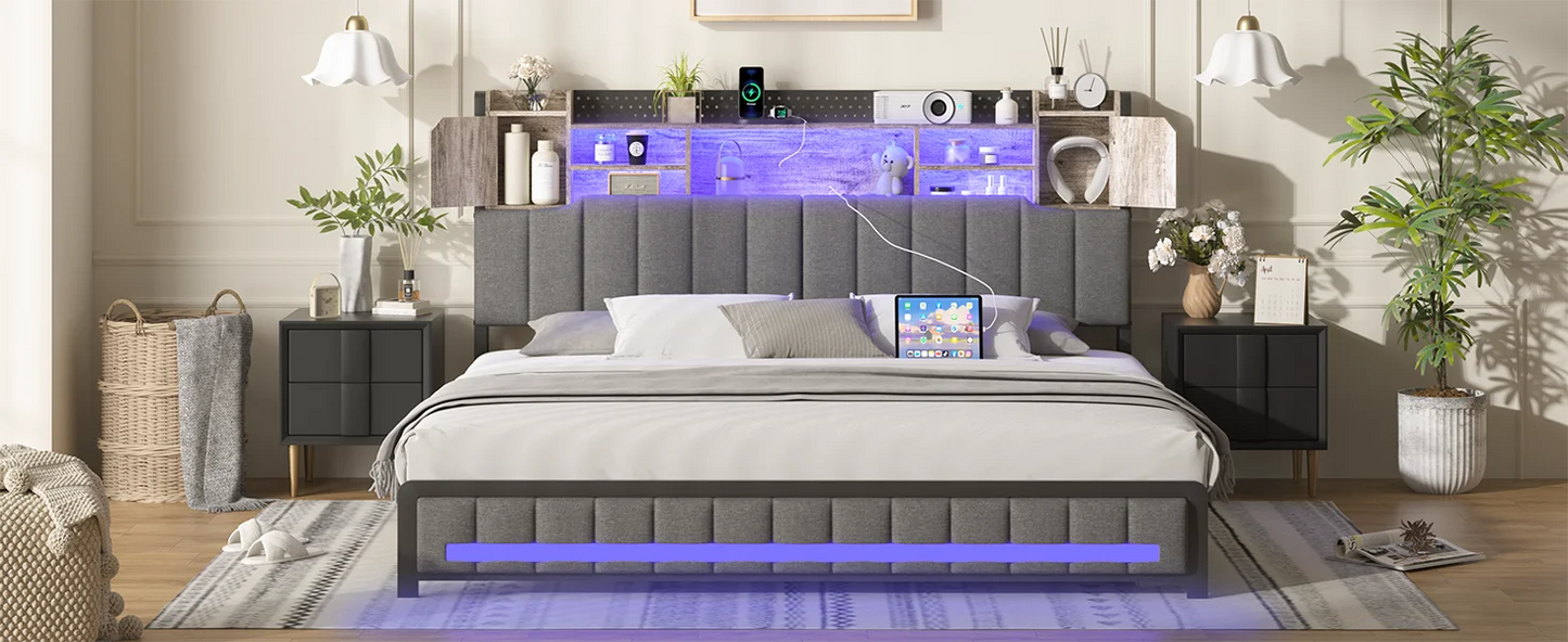 King Bed Frame and Bookcase Storage Headboard, LED Upholstered Bed Frame with Charging Station, Light Up Platform Bed Frame