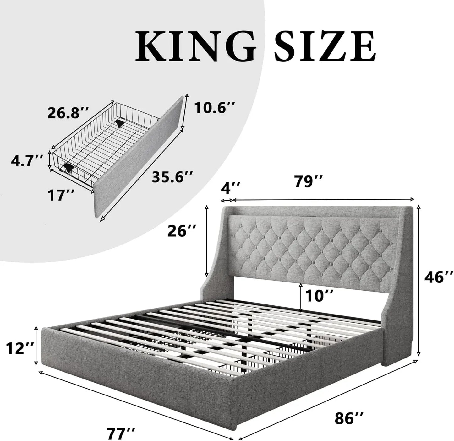 King Bed Frame with 4 Storage Drawers, USB Ports, Wingback Storage Headboard, Solid Wood Slats, No Box Spring Needed, Bed Frame