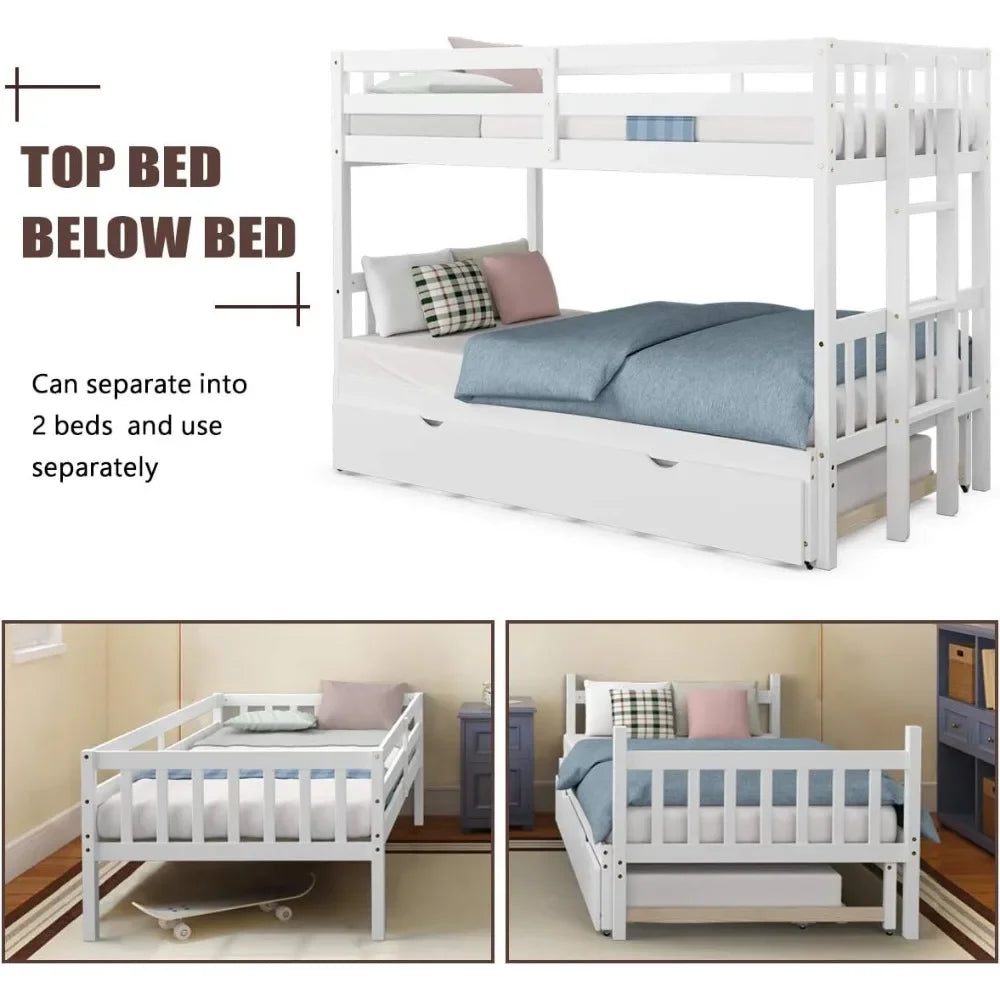 Twin Over Pull-Out Bunk Bed with Trundle, Extendable, Solid Wood Bed with Ladder & Safety Rail, for Kids Adults Teens, Bunk Beds