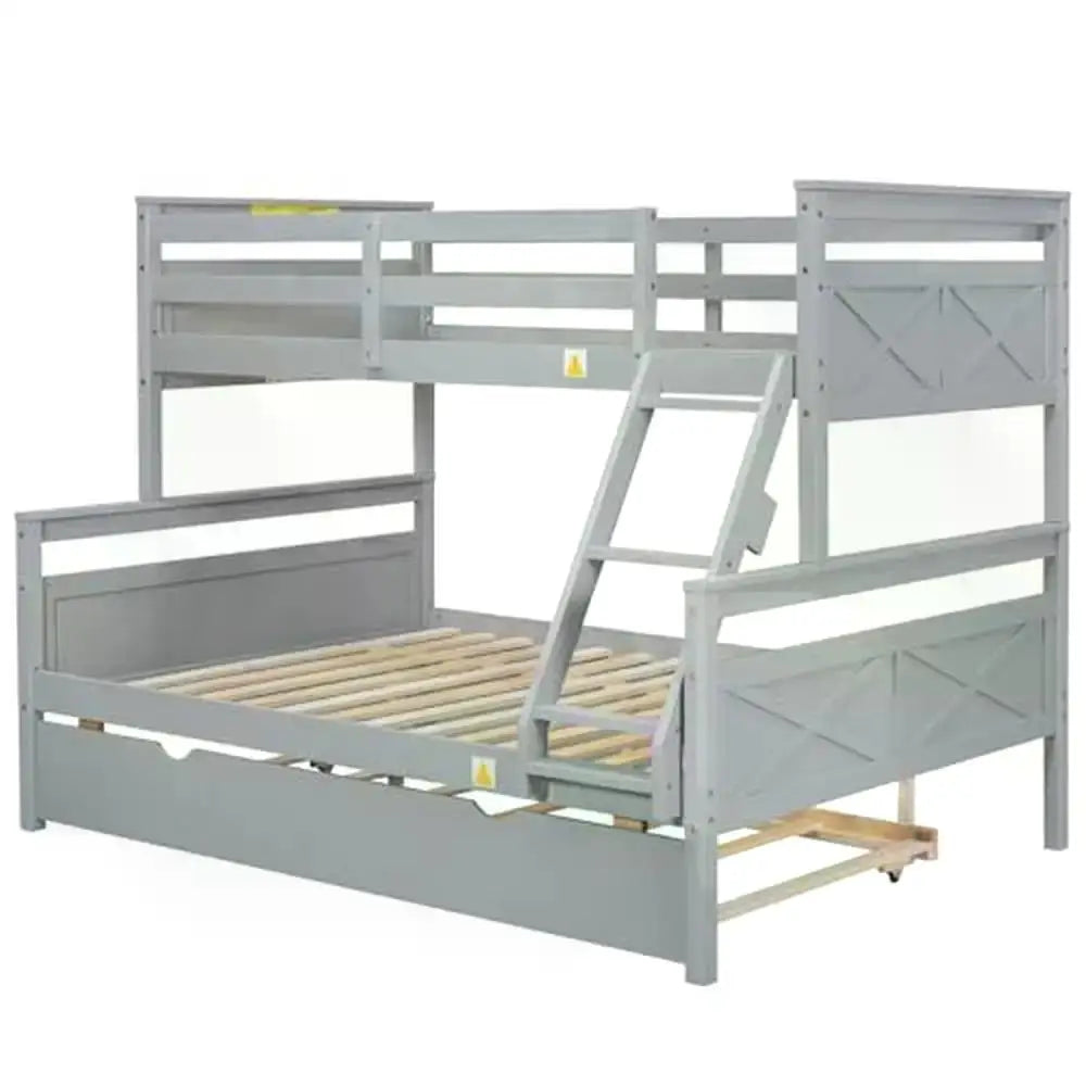 Twin Over Full Bunk Bed with Trundle Solid Wood Frame Guardrail Ladder Grey Finish Sturdy & Space Saving 78.7''L*96.5''W*62.3''H