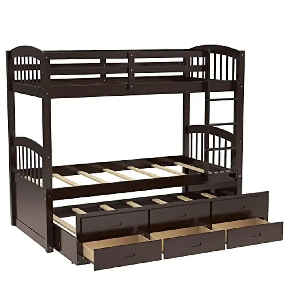 Solid Wood Twin Bunk Bed with Trundle 3 Drawers & Guardrail Sturdy Espresso Frame Kids Teens Adults Separate Beds Option 79.5''L