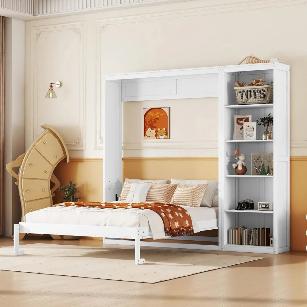 King size Murphy bed, wooden queen wall bed frame with shelves, queen size Murphy cabinet bed, suitable for home, office