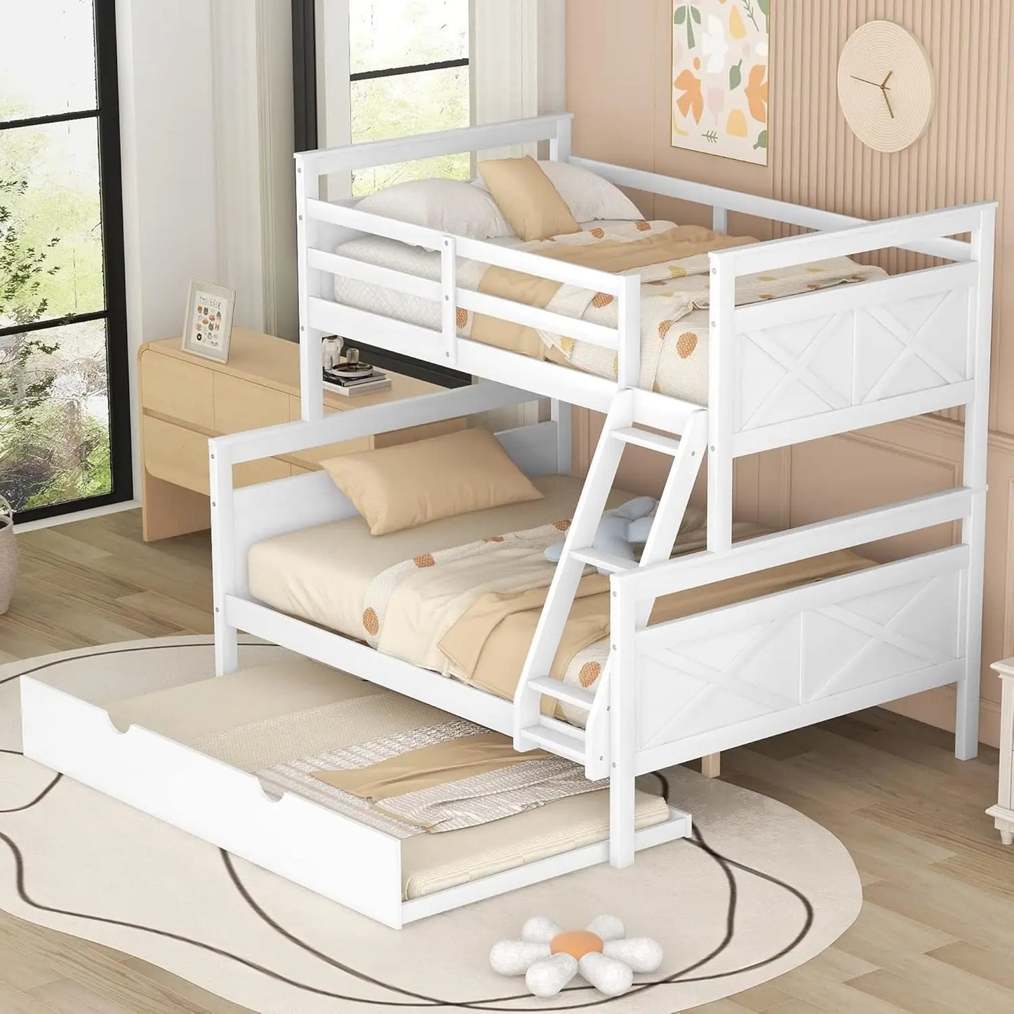 Twin Over Full Bunk Bed With Trundle, Solid Wood Bunk Bed Frame With Ladder And Safety Guardrail, For Kids Teens Adults (White)