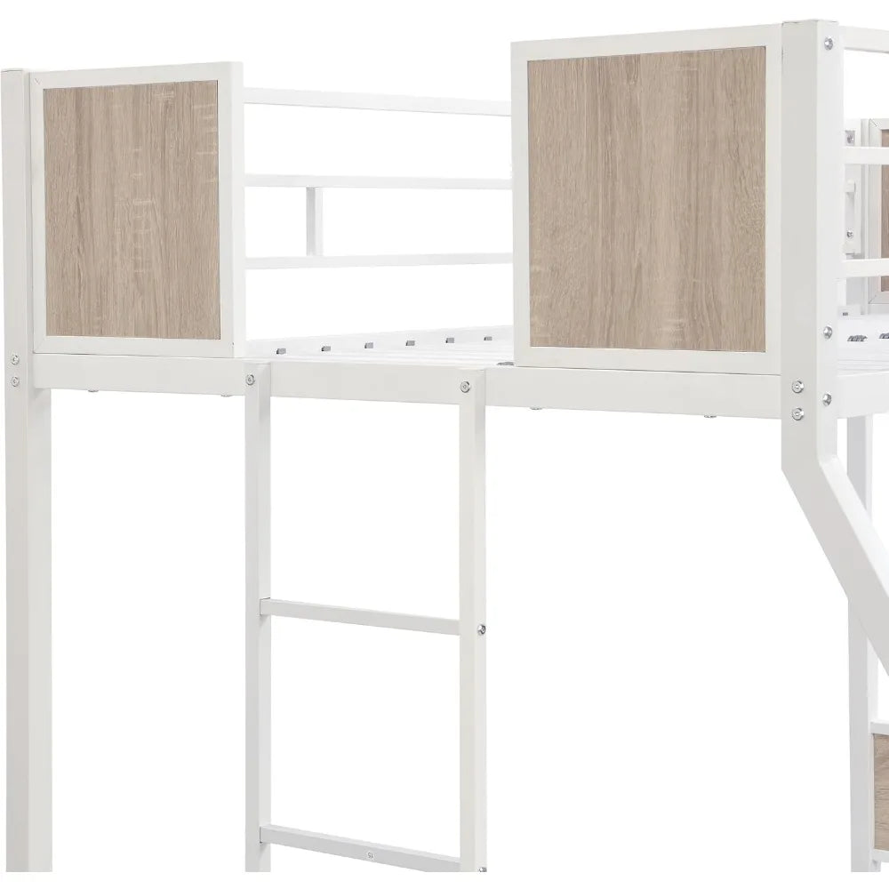 Twin Over Full Bunk Bed with Trundle, Metal Bunk Bed Frame with Safety Guardrail and 2 Ladder for Kids, Adults, Bedroom, No