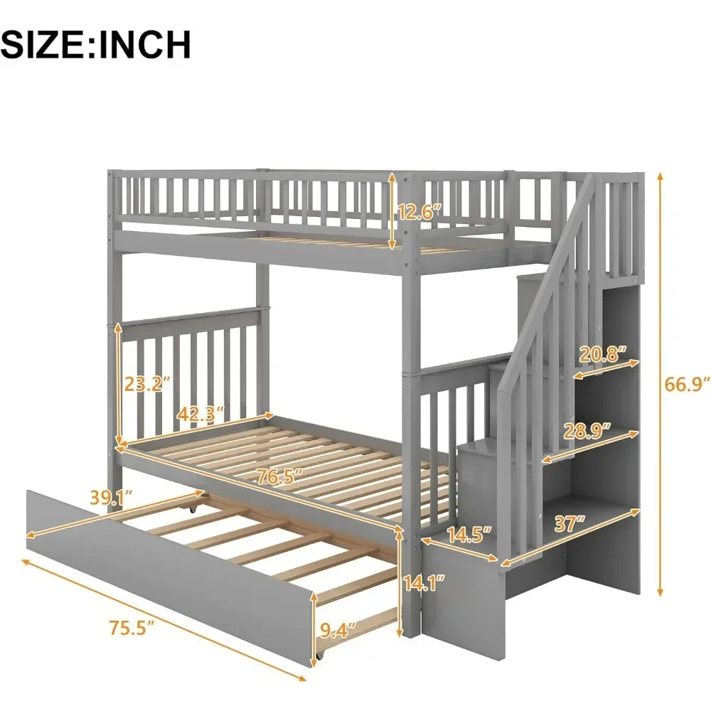 Bunk Beds Twin Over Twin Size, Solid Wood Bunk Beds with Trundle and Stairs for Kids,Toddler,Teens,Adults Grey, Bunk Bed