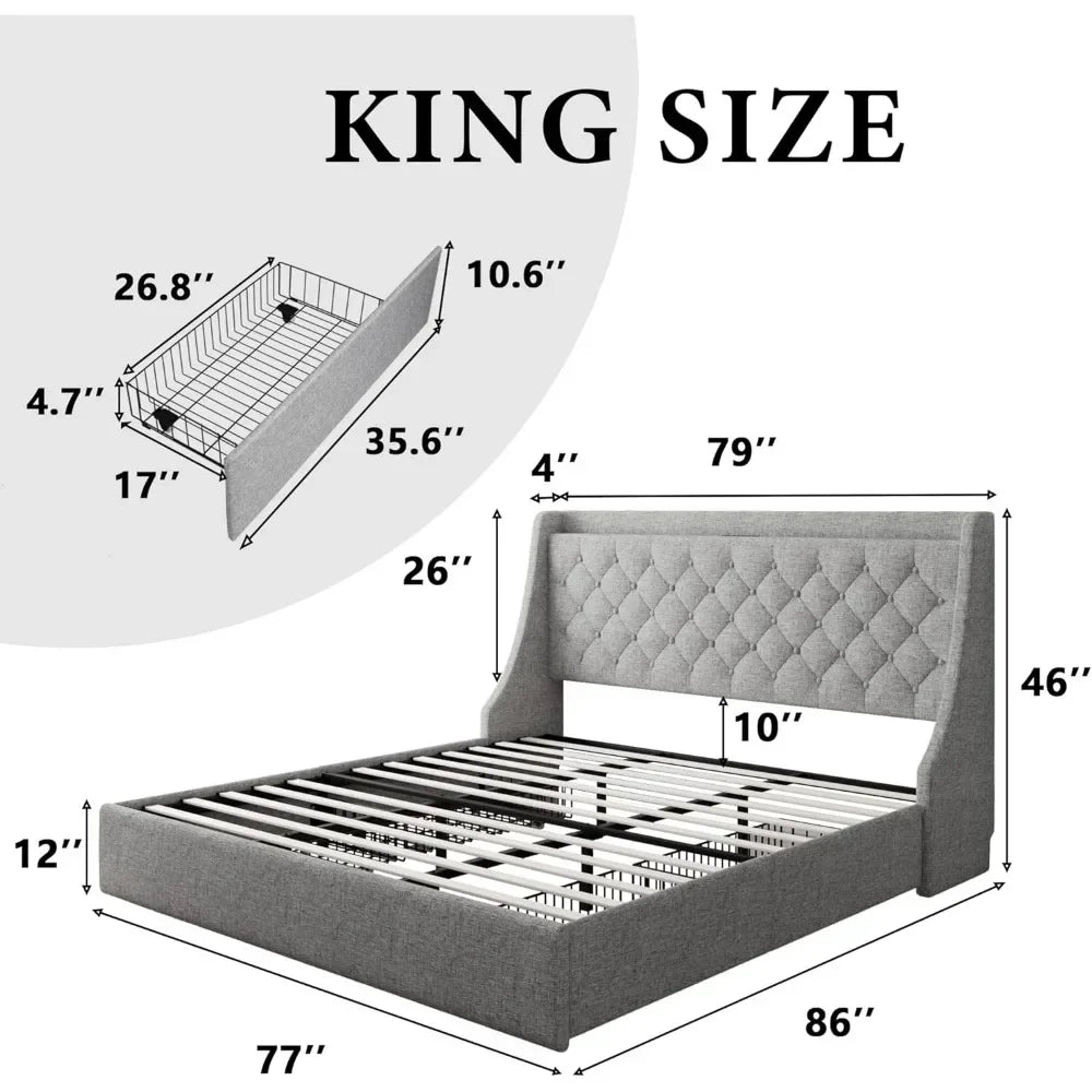 King Bed Frame with 4 Storage Drawers, USB Ports, Wingback Storage Headboard, Solid Wood Slats, No Box Spring Needed, Bed Frame