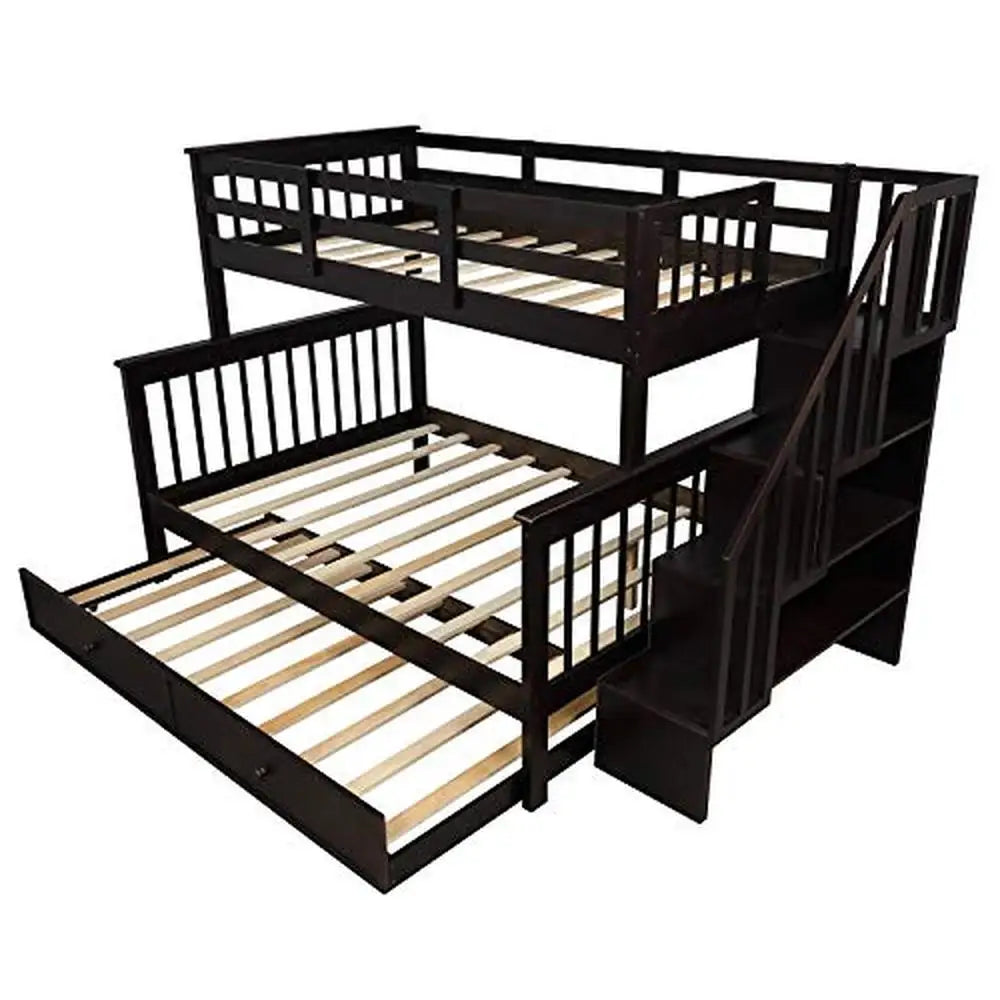 Twin Over Full Bunk Bed with Twin Trundle Stairway Storage Guard Rail Kids Adults Wooden Espresso Solid Pine MDF Functional Safe