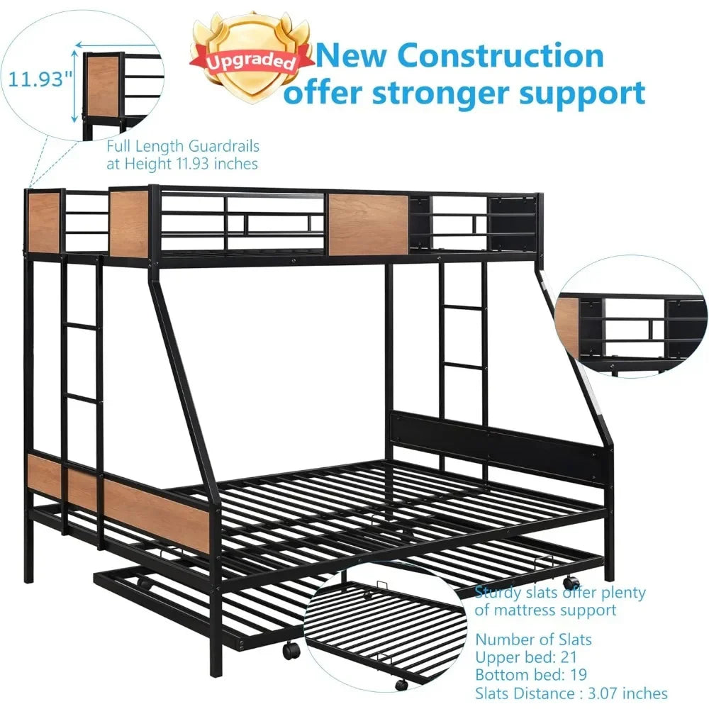 Twin Over Full Bunk Beds with Trundle Bed,Heavy Duty Metal Bed Frame with Safety Rail 2 Side Ladders for Boys Girls Adults