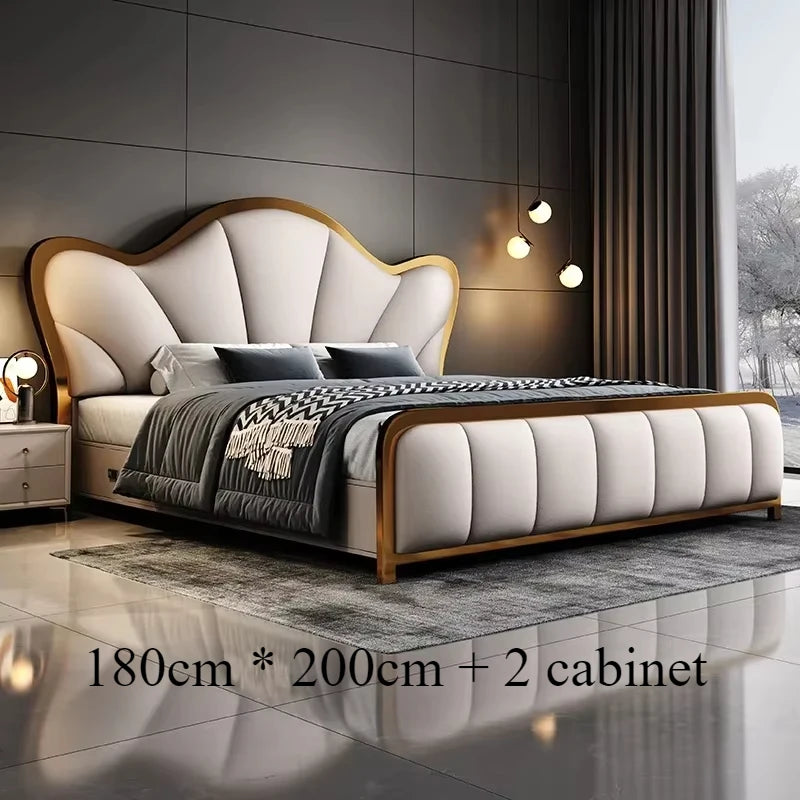 Nordic Luxury Double Bed Modern Wood High End Headboard Frame Double Bed Wedding Confortable Leather Cama De Casal Furnitures