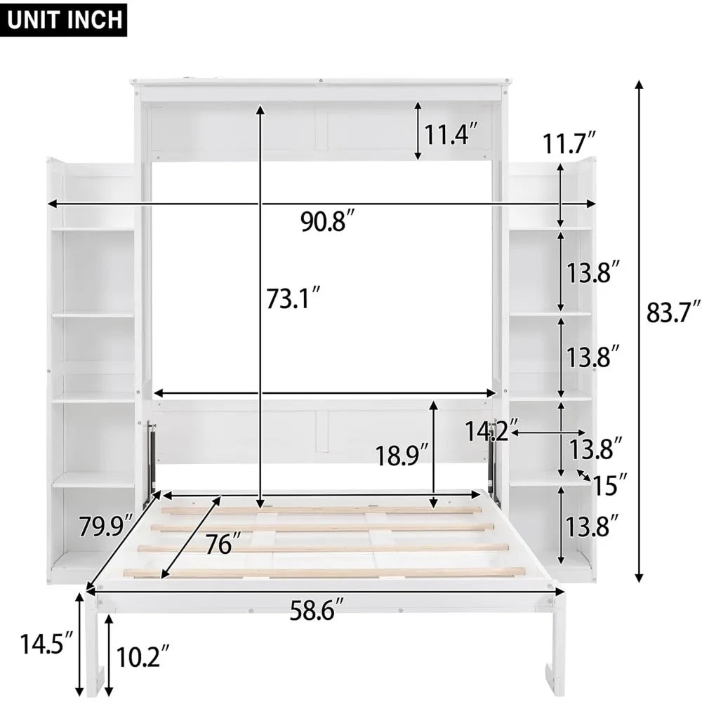 King size Murphy bed, wooden queen wall bed frame with shelves, queen size Murphy cabinet bed, suitable for home, office