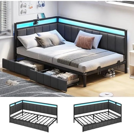 Bed Frame Twin Size with LED Light and Charging Station, Line Fabric Upholstered Twin Bed with 2 Underbed Storage Drawers