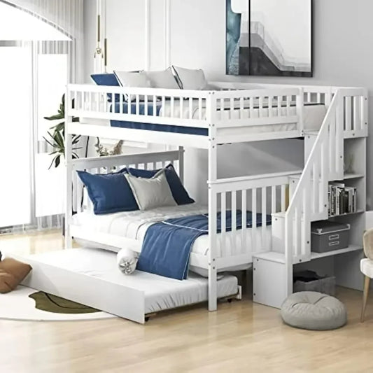 Bunk Beds, Full Over Full Bunk Bed with Trundle Bed, Wooden Bunk Bed with Staircase and Guardrail, Kids, Teens, Adults, Beds