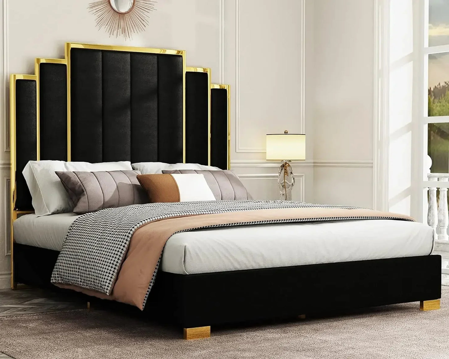 King Size Platform Bed Frame, 65" Velvet Upholstered Bed with Gold Trim Headboard/Wooden Slats