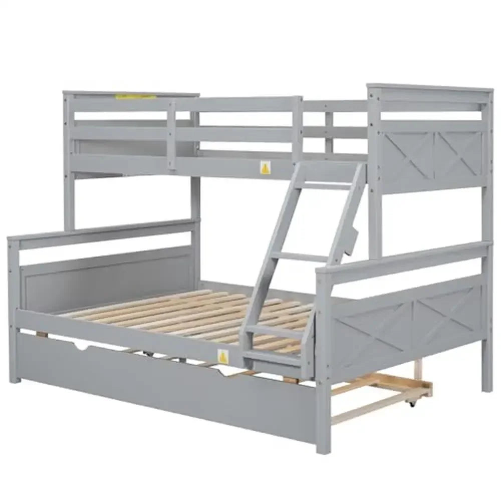 Twin Over Full Bunk Bed with Trundle Solid Wood Frame Guardrail Ladder Grey Finish Sturdy & Space Saving 78.7''L*96.5''W*62.3''H