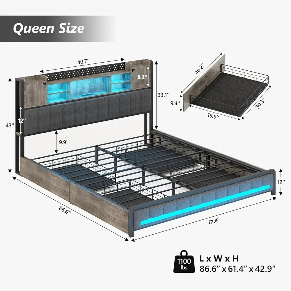 Queen Bed Frame, with 4 Storage Drawers and Bookcase Headboard, Upholstered LED Bed with Type-C & USB Charging Station, Bed