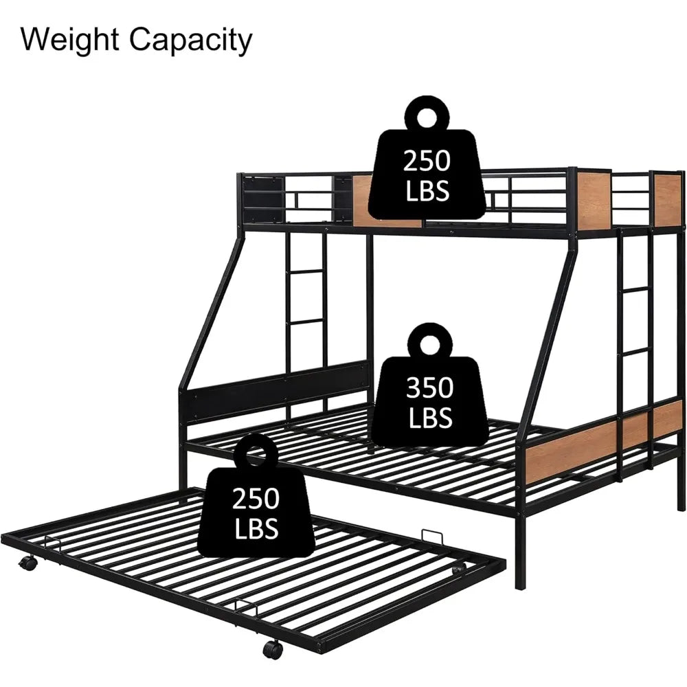 Twin Over Full Bunk Beds with Trundle, Bed Frame with Safety Rail Side Ladders for Dormitory Bedroom Boys Girls Adults, (Black)