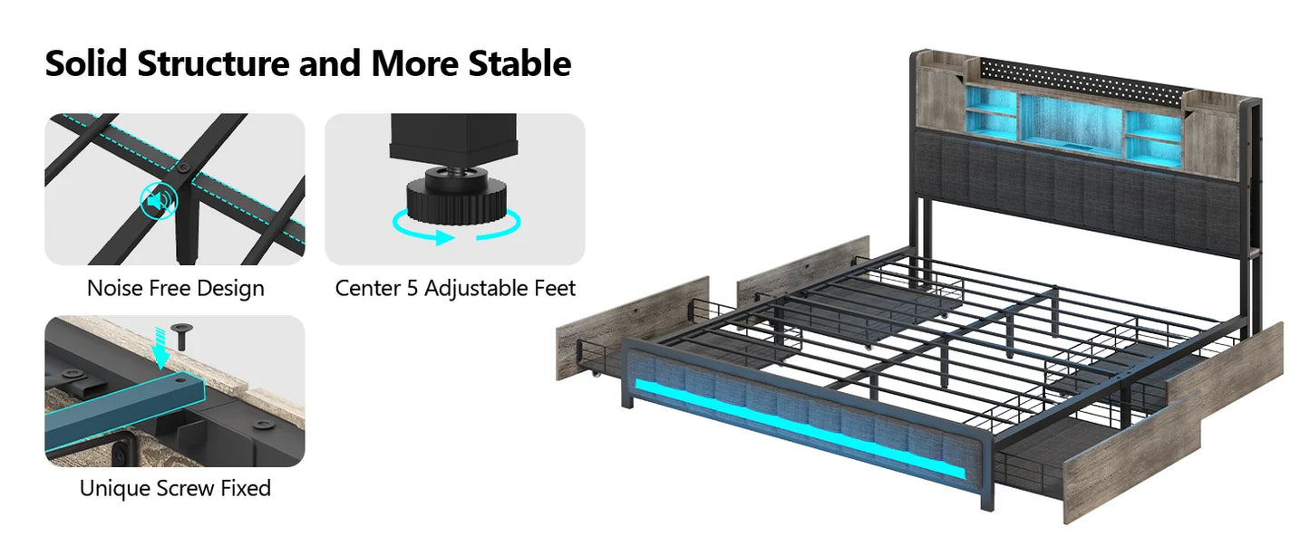 Queen Bed Frame, with 4 Storage Drawers and Bookcase Headboard, Upholstered LED Bed with Type-C & USB Charging Station, Bed