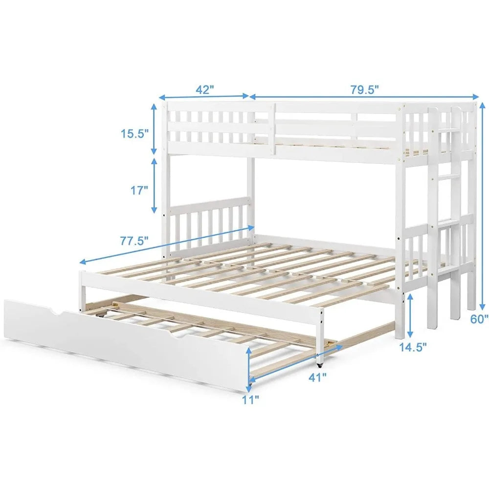 Twin Over Pull-Out Bunk Bed with Trundle, Extendable, Solid Wood Bed with Ladder & Safety Rail, for Kids Adults Teens, Bunk Beds