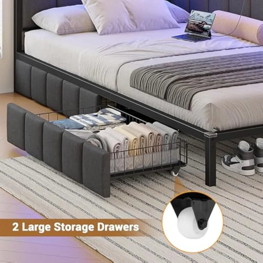 Bed Frame Twin Size with LED Light and Charging Station, Line Fabric Upholstered Twin Bed with 2 Underbed Storage Drawers