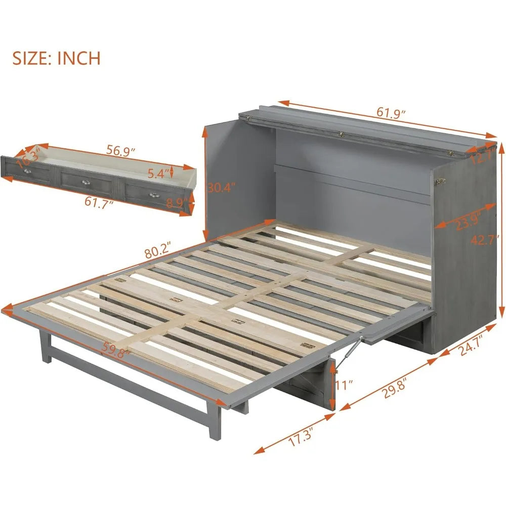 Queen Size Murphy Bed Wall Bed, Solid Pine Murphy Bed Chest Cube Cabinet Bed with USB, Charging Station Small Room