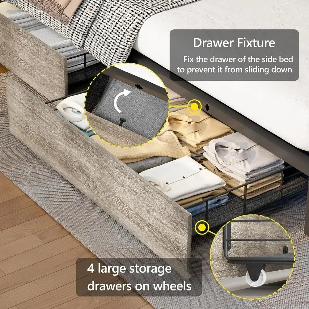 Queen Bed Frame, with 4 Storage Drawers and Bookcase Headboard, Upholstered LED Bed with Type-C & USB Charging Station, Bed