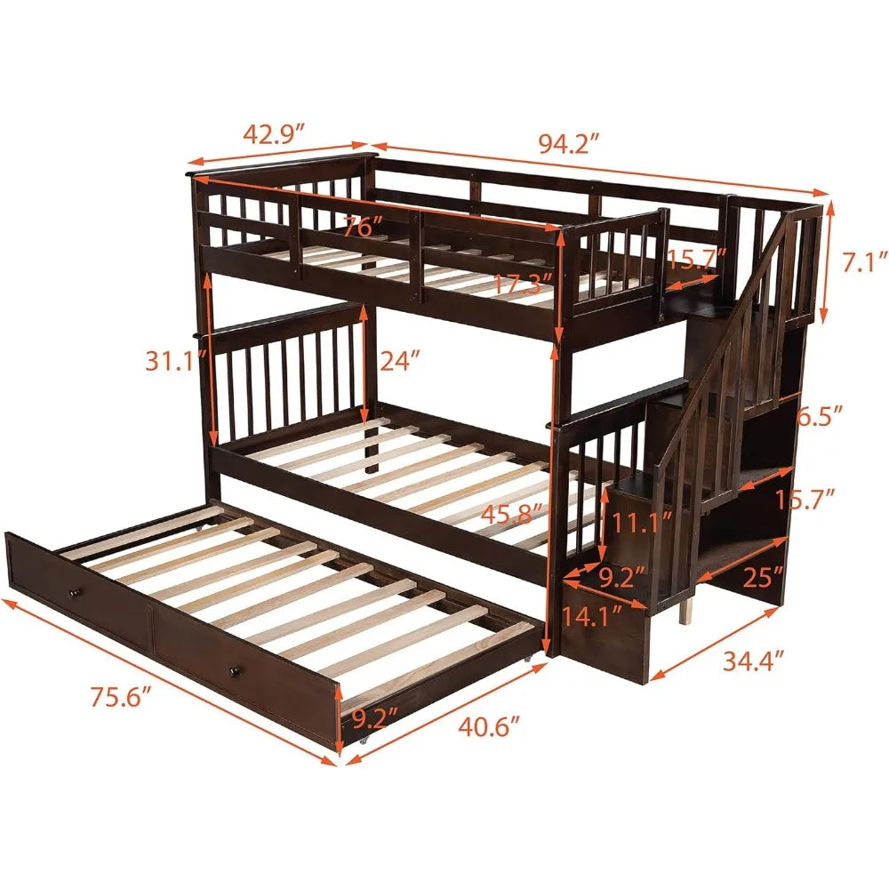 Twin Over Twin Bunk Bed with Stairs and Trundle, Solid Wood Stairway Bunk Bed Frame with Storage, for Kids Teens Adults–Espresso