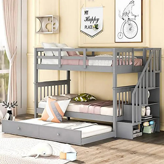 Solid Wood Twin Bunk Bed with Stairs Trundle & Storage Durable Frame Kids Teens Adults Gray Modern Country Style Twin over Twin