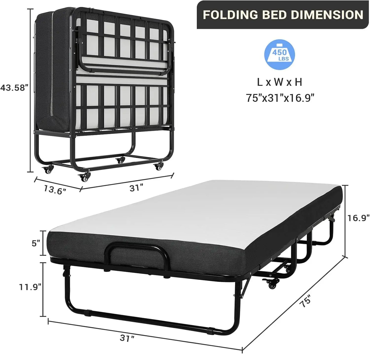 Folding Bed with Mattress 75x31 inch Cot Size Bed Frame Portable Foldable Guest Bed