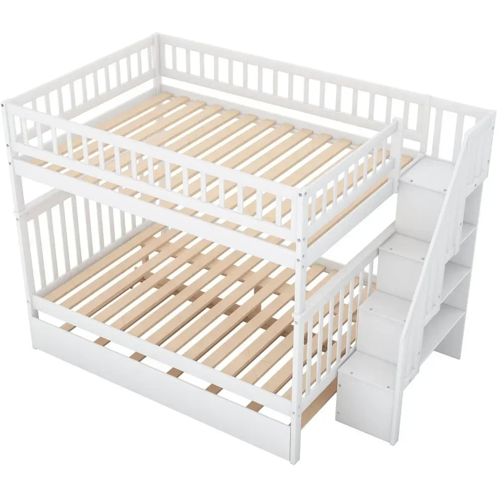 Bunk Beds, Full Over Full Bunk Bed with Trundle Bed, Wooden Bunk Bed with Staircase and Guardrail, Kids, Teens, Adults, Beds