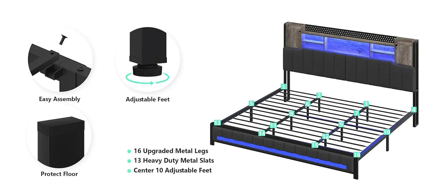 King Bed Frame and Bookcase Storage Headboard, LED Upholstered Bed Frame with Charging Station, Light Up Platform Bed Frame