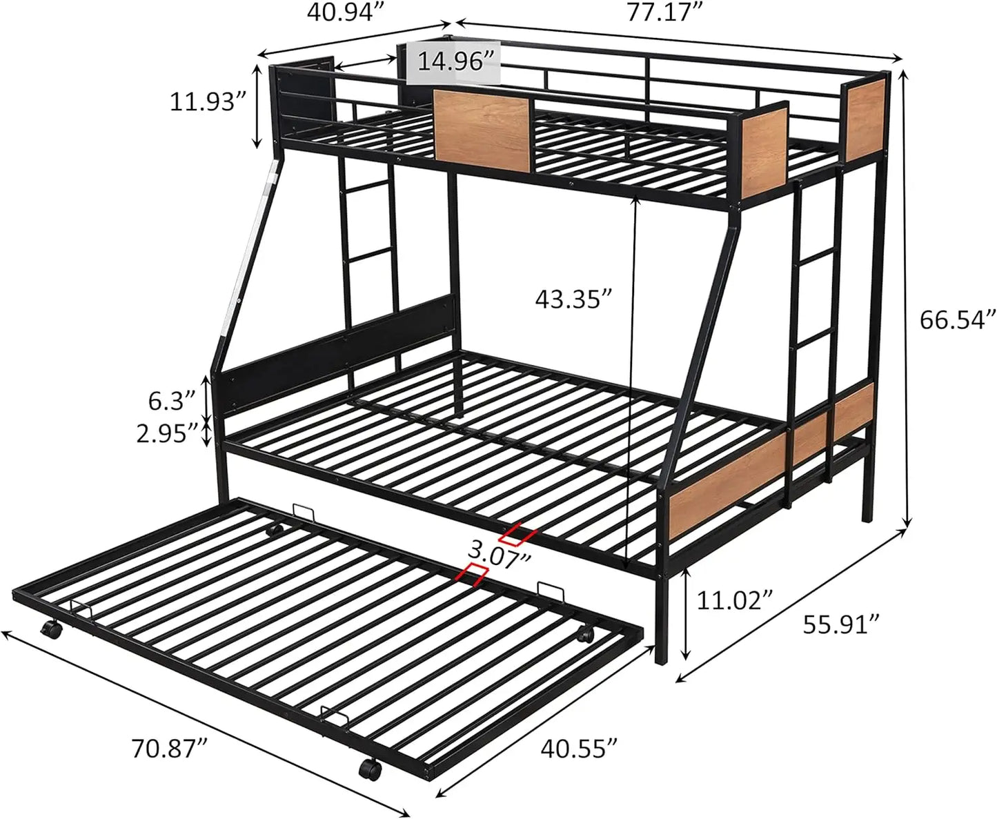 Twin Over Full Bunk Beds with Trundle Bed,Heavy Duty Metal Bed Frame with Safety Rail 2 Side Ladders for Boys Girls Adults