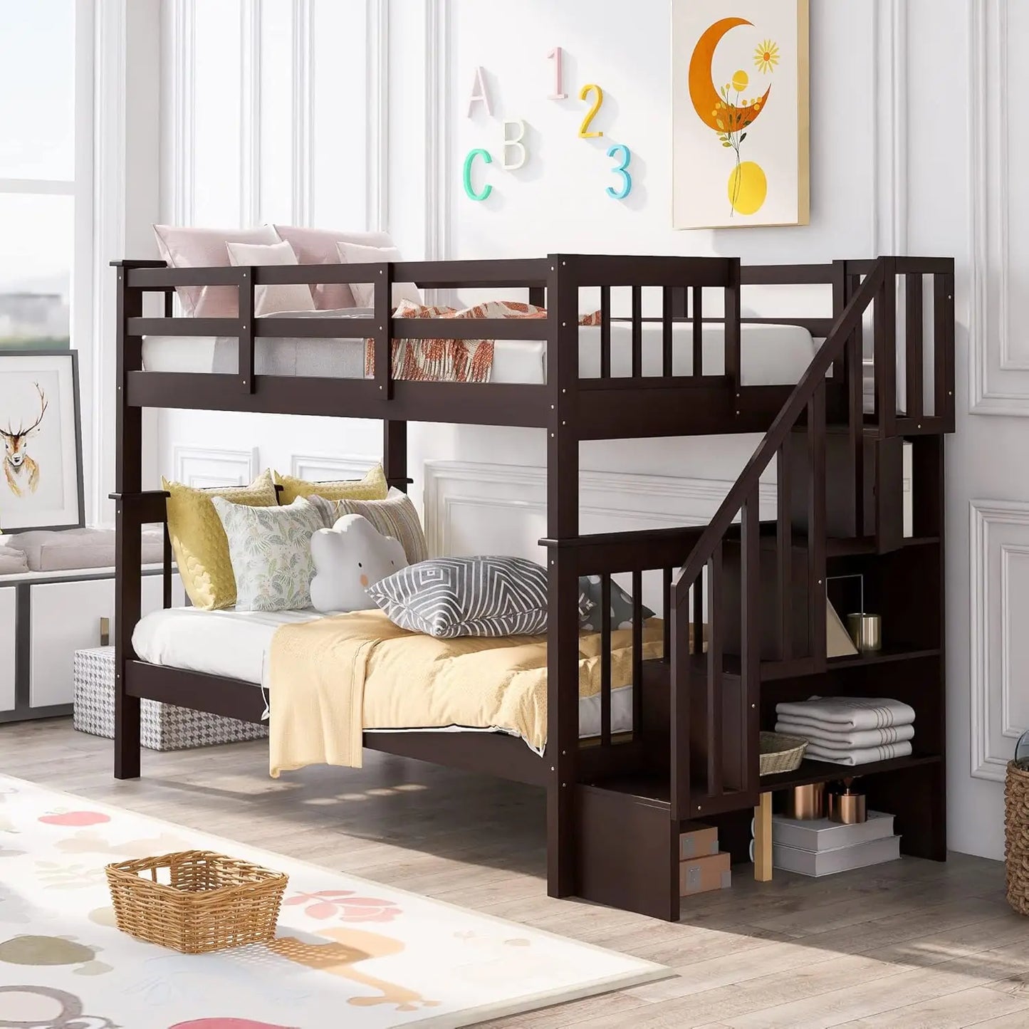 Bunk Beds Twin Over Twin Size, Solid Wood Bunk Beds with Trundle and Stairs for Kids,Toddler,Teens,Adults (Grey, Bunk Bed)