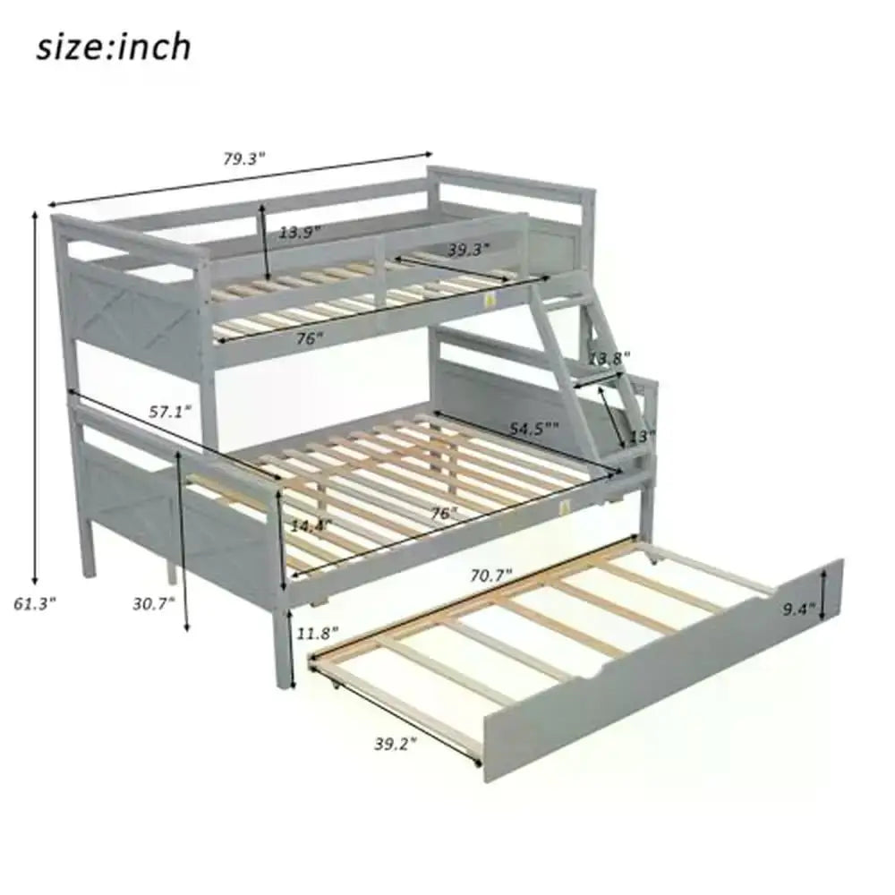 Twin Over Full Bunk Bed with Trundle Solid Wood Frame Guardrail Ladder Grey Finish Sturdy & Space Saving 78.7''L*96.5''W*62.3''H