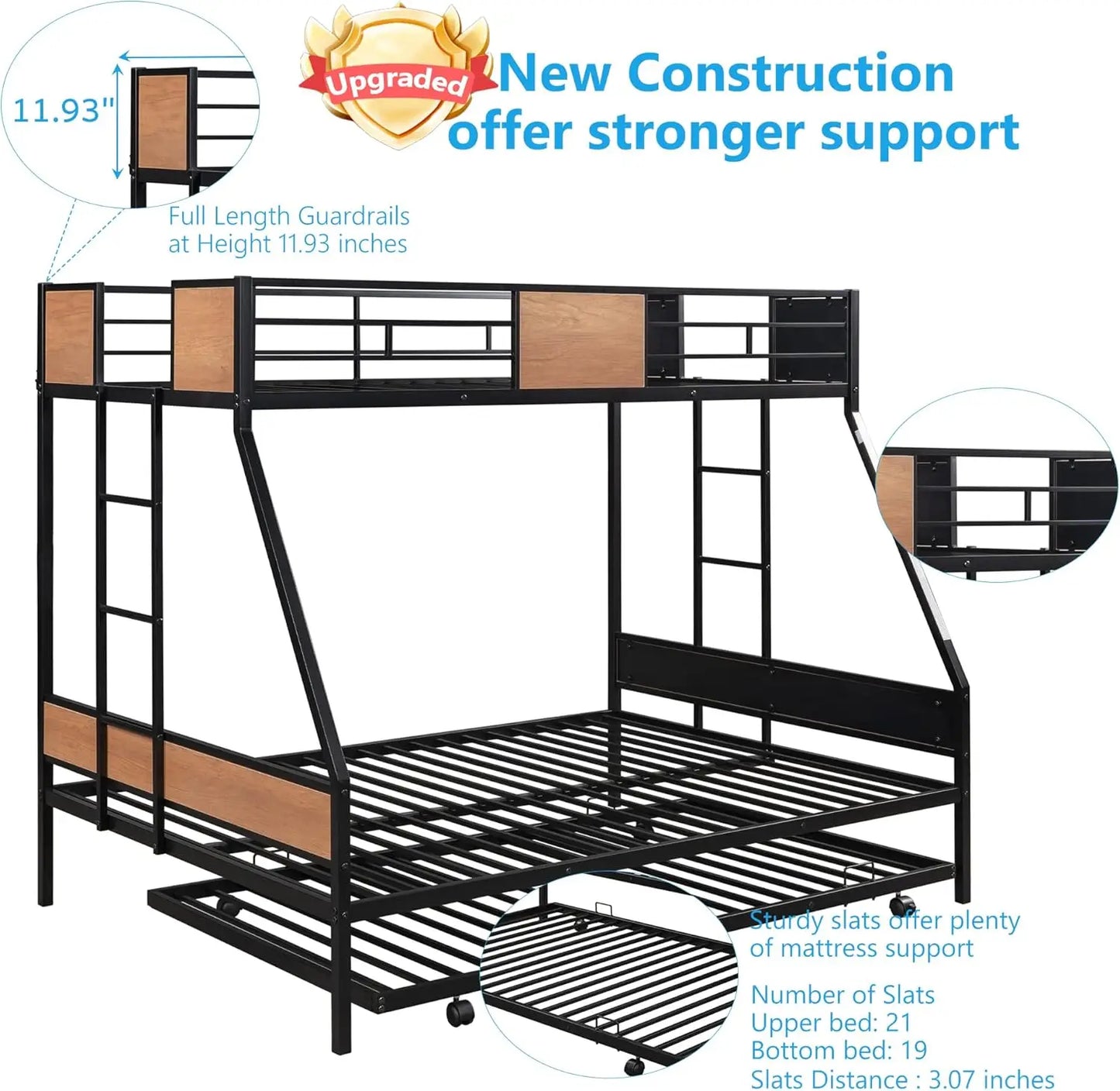 Twin Over Full Bunk Beds with Trundle Bed,Heavy Duty Metal Bed Frame with Safety Rail 2 Side Ladders for Boys Girls Adults