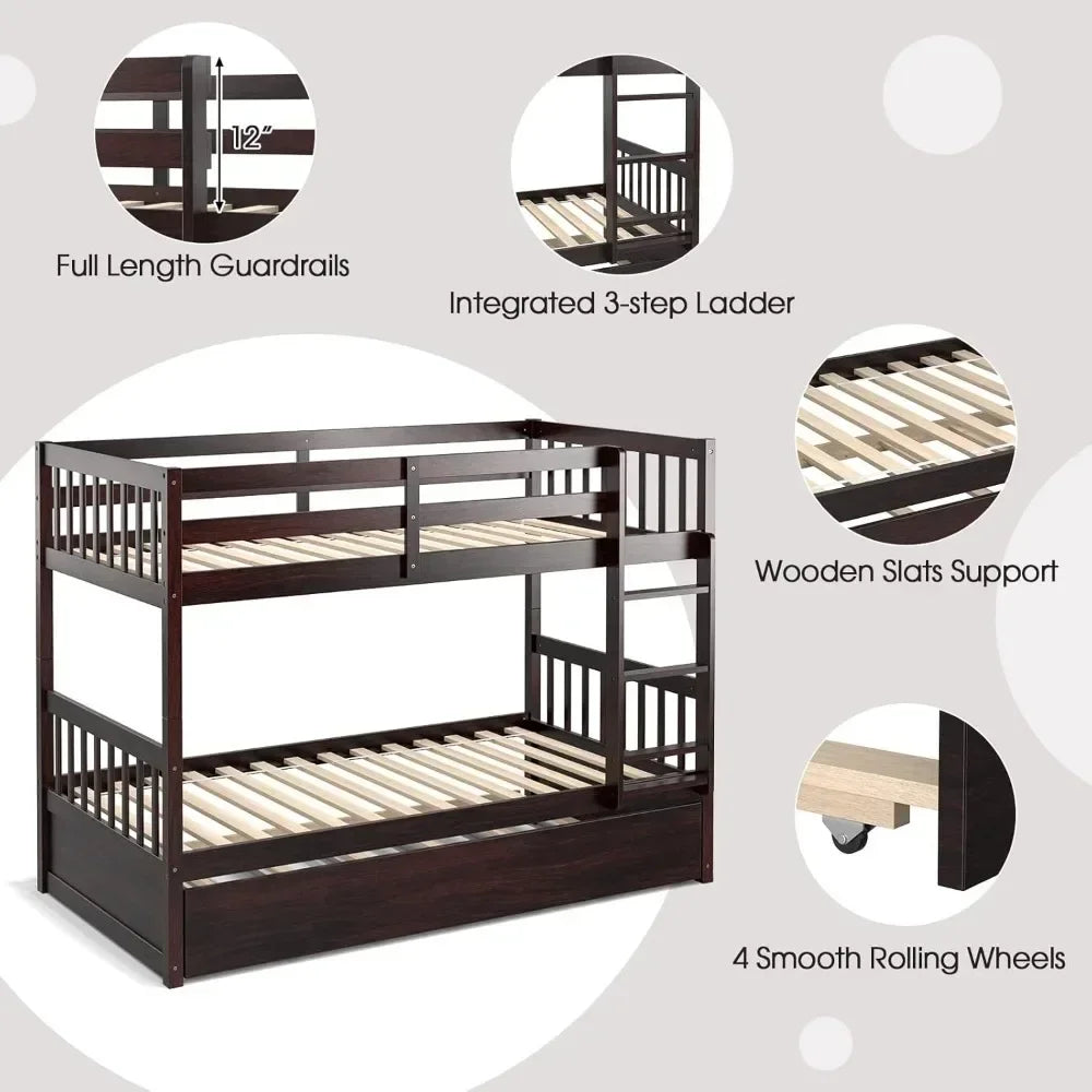 Bunk Bed ,with Trundle, with Ladder & Solid Wood Frame, Space-Savingfor Teens & Adults, Convertible Platform Bed Frame