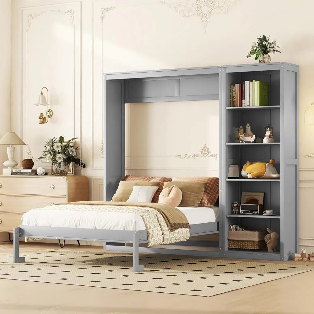 King size Murphy bed, wooden queen wall bed frame with shelves, queen size Murphy cabinet bed, suitable for home, office