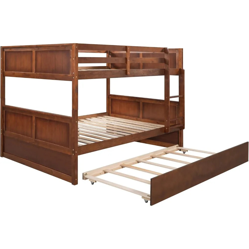 Full Over Bunk Beds, Solid Wood Bed with Trundle/Ladder/Safety Rail, for Kids Teens and Adults, Space Saving Bedroom Furniture