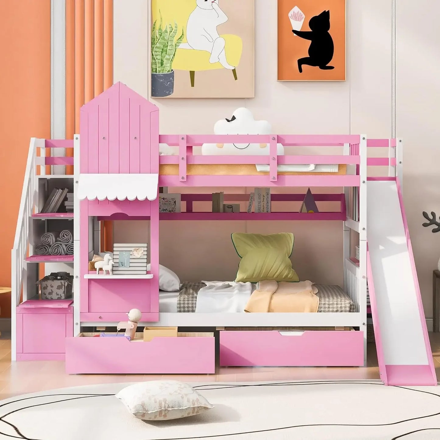 Kids Bunk Bed with Stairs & Slide, Wooden Full Over Full Bunk Bed with Storage, Castle Style Bunk Beds for Kids Teens Girls Boys